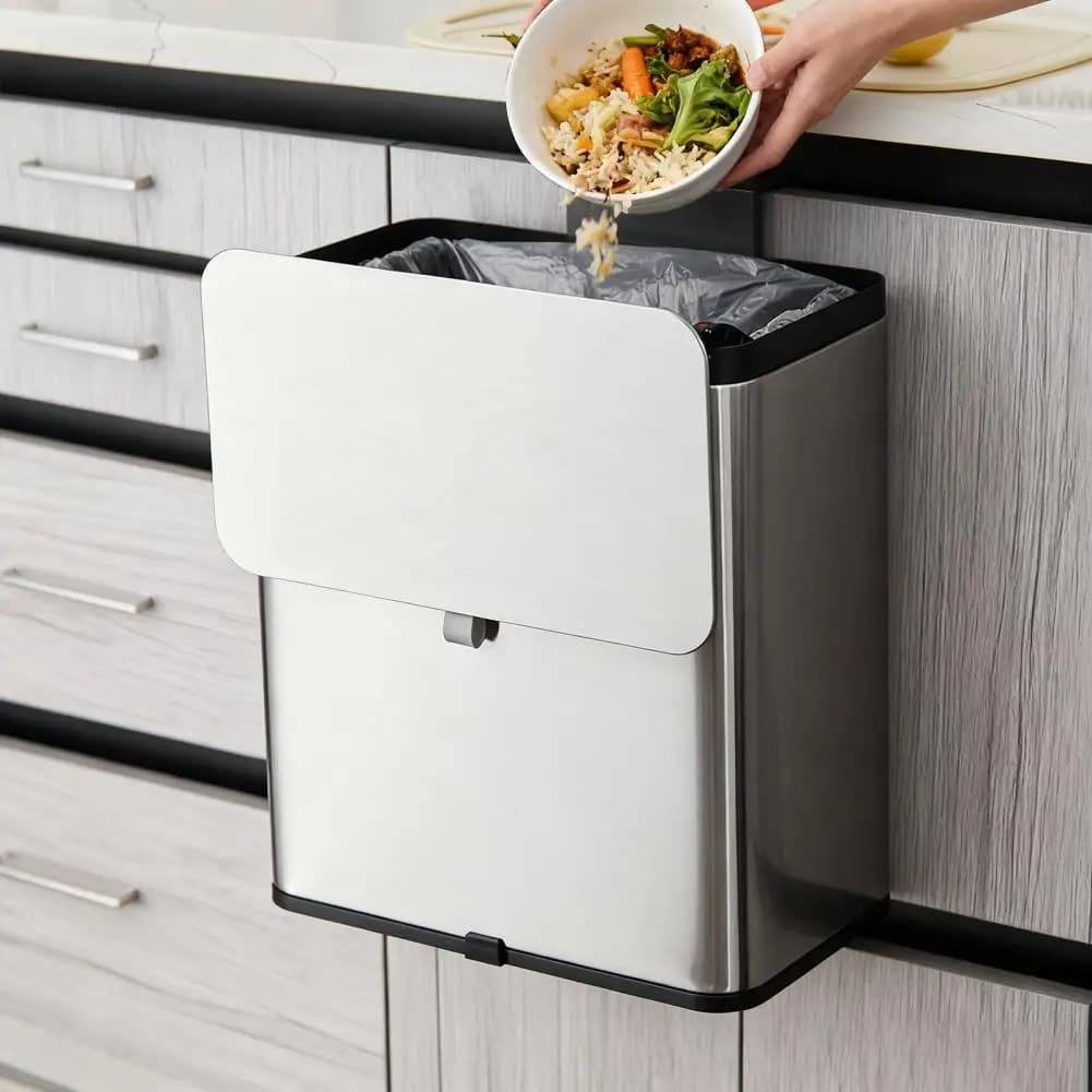 Bidone della spazzatura sospeso per bidone del compost da cucina da 0,8 galloni con coperchio Pattumiera in acciaio inossidabile per pattumiera montata a parete per armadio da cucina