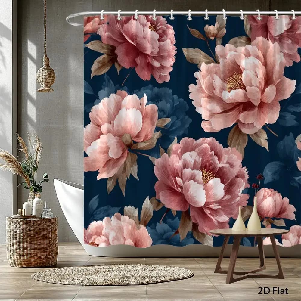 Luxury Peony Floral Shower Curtain Waterproof Bath Curtain Polyester Pink Blossom Home Decor Bathroom Accent