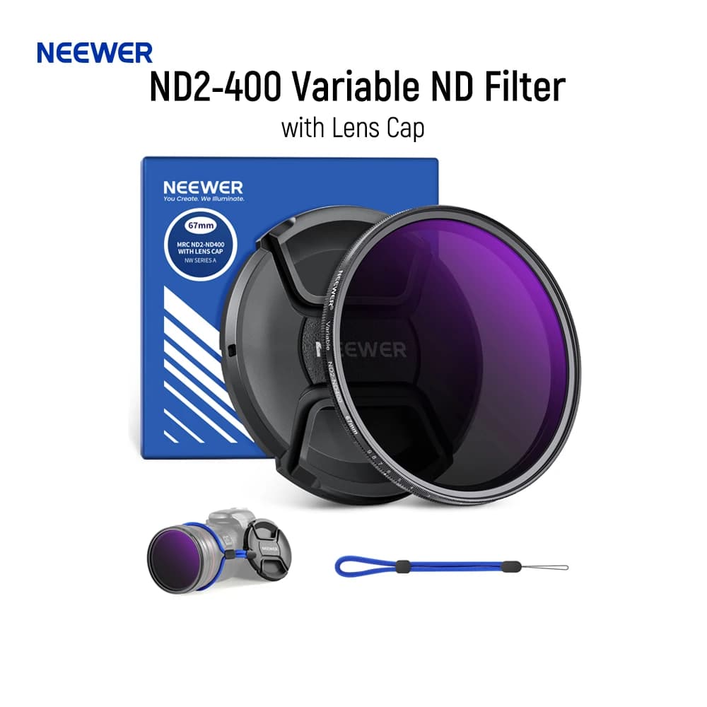 NEEWER Filtro ND variabile ND2-400 da 67 mm con copriobiettivo, cordino, panno per la pulizia, vetro ottico con regolazione precisa della densità neutra