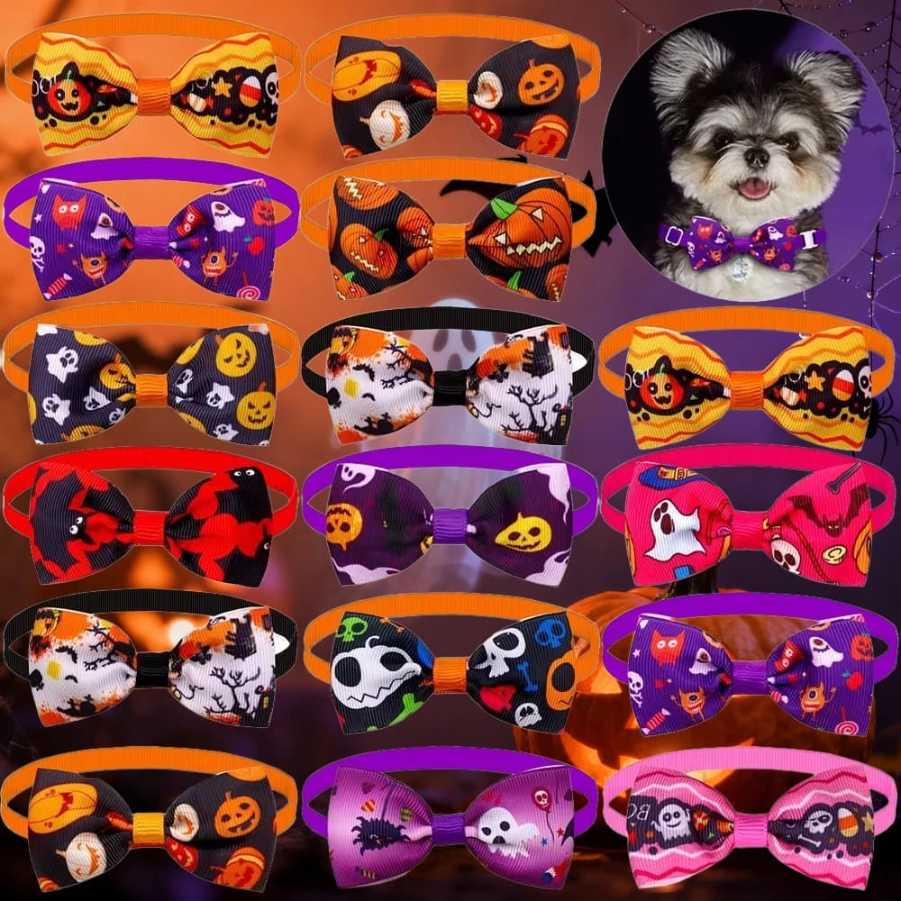50 pz/lotto Papillon Per Cane Zucca di Halloween Fantasma Stampa Regolabile Bulk Papillon Per Cani Pet Cravatta Collare Pet Dog Grooming Accessori
