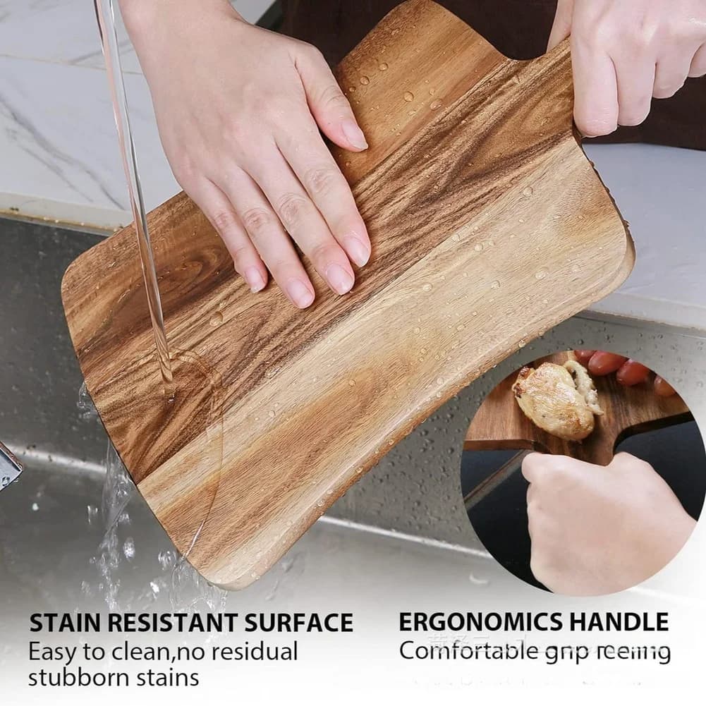 Natural Acacia Wood Round Cutting Board with Dual Sided Reversible and Ergonomic Handle for Kitchen Use and Serving