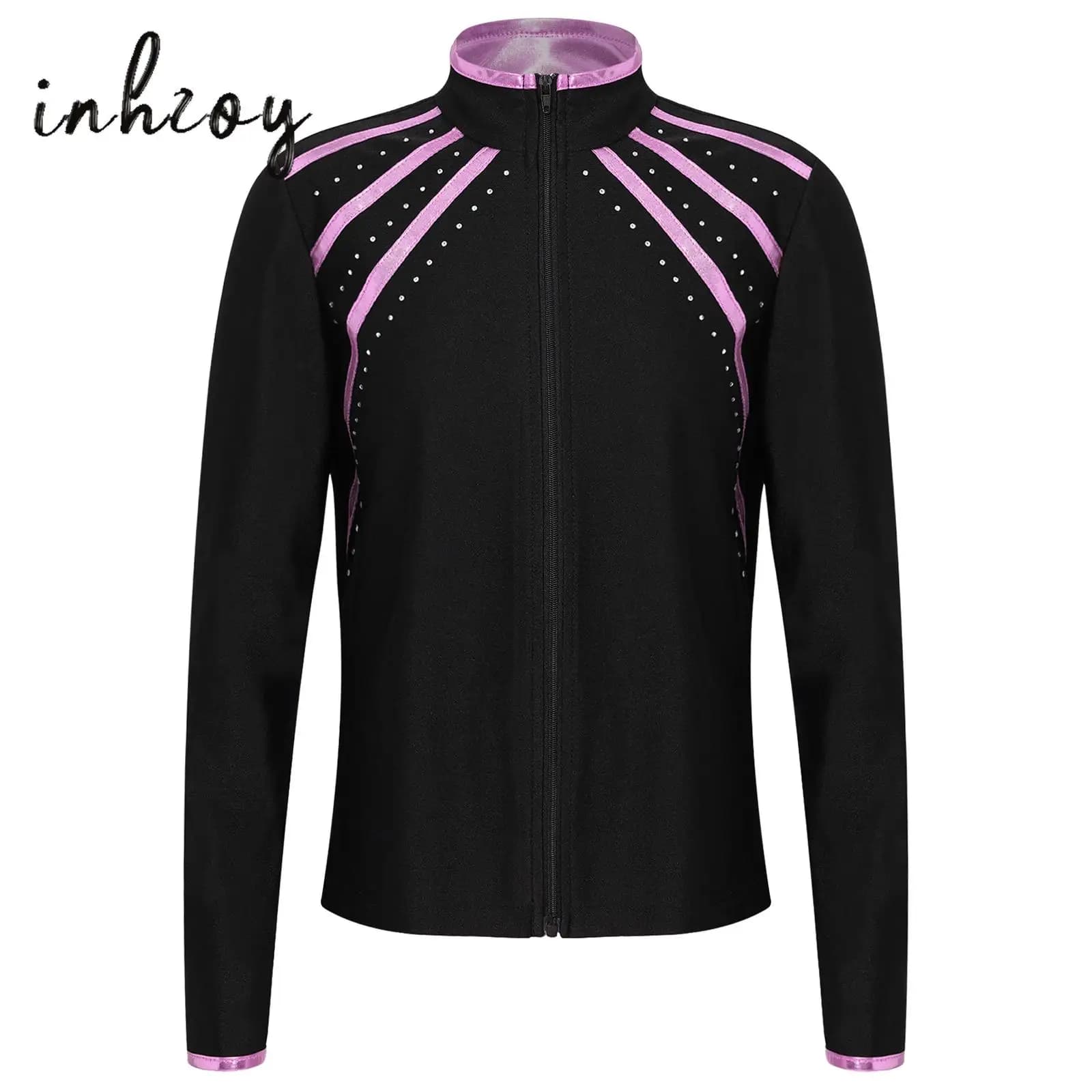 Felpa per bambina, pattinaggio di figura, ginnastica, allenamento, costume, strass lucidi, giacca con cerniera a maniche lunghe a righe metalliche