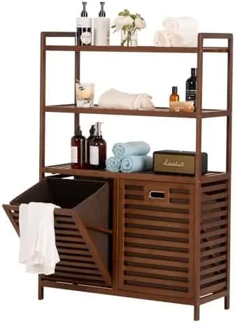 Bamboo Out Laundry Hamper with 3 Tier Shelves, Hidden Laundry Hampers with 2 Removable Bags, Pull Out Laundry Hamper