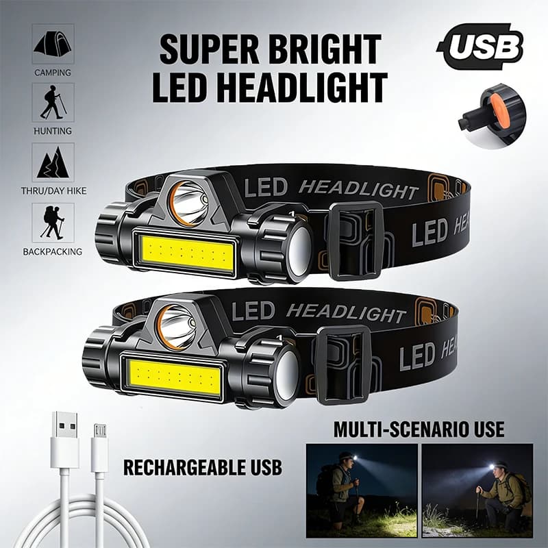 Torcia frontale a LED super luminosa, ricaricabile, impermeabile, con perline XPE COB e magnete posteriore, doppia sorgente luminosa, luce da lavoro