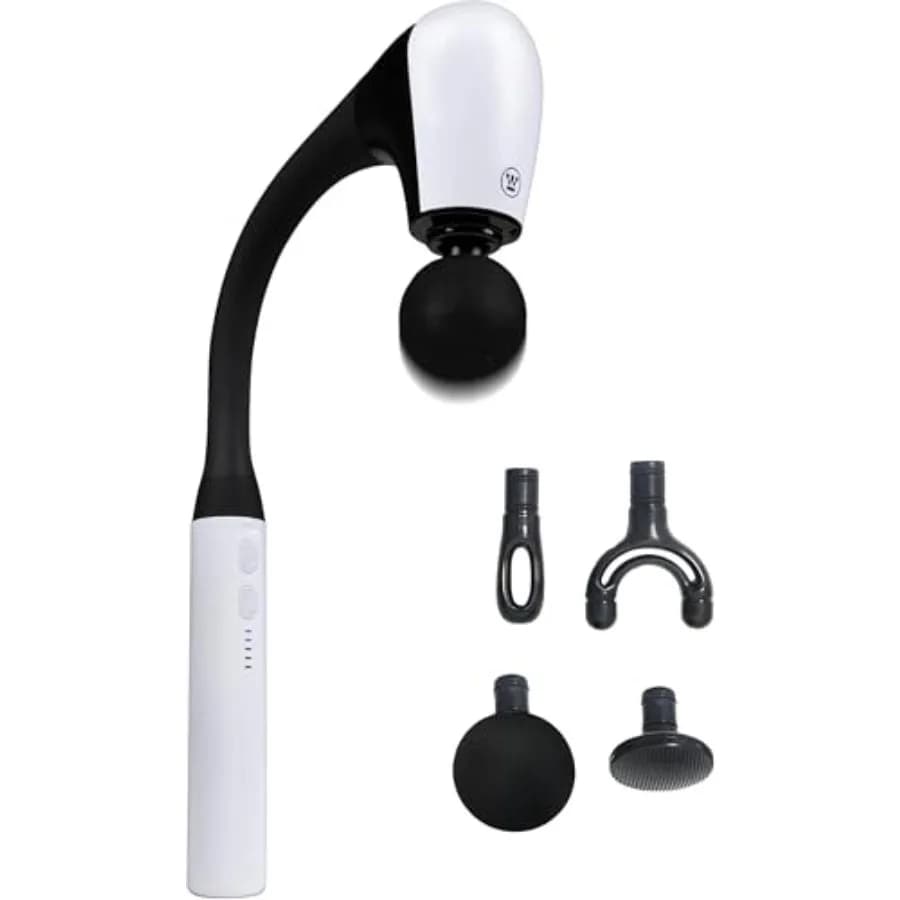Massage Gun with Long Handle and Curve for Collo and Spalle Pain, Black ABS Plastic, Rechargeable with 5 Hours of Autonomy, 4 Accessories