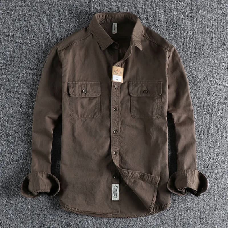 Ameikeji British Style Retro Long Sleeve Shirt Coat Men Spring Autumn Twill Cotton Versatile Solid Color Male Cargo Work Shirts