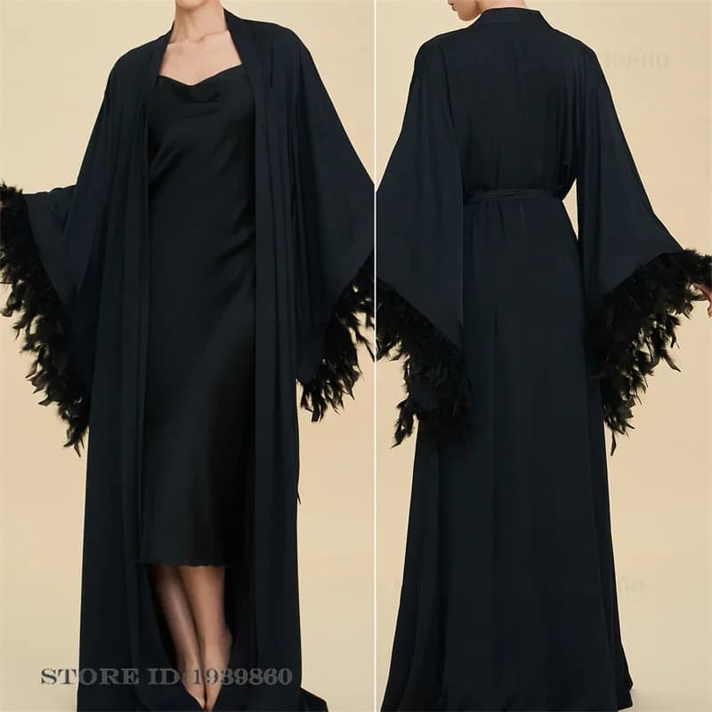 Luxury Bride Wedding Long Robe Dress with Feather Cuffs Elegant Silky Satin Bathrobe Nightdress French Style Loose Homewear
