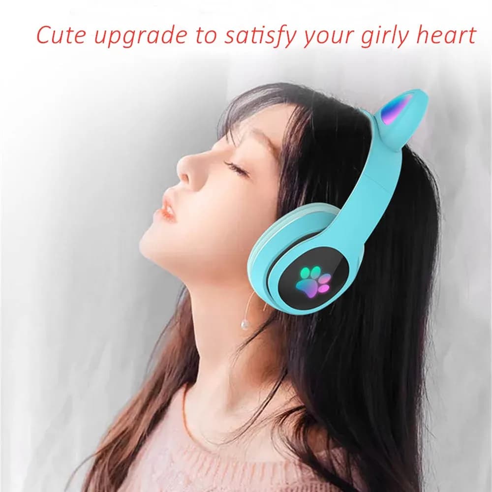 Simpatico gatto LED cuffie senza fili auricolare Bluetooth con microfono TF Mp3 Kid Girl musica auricolari gattino casco auricolare per regalo di compleanno