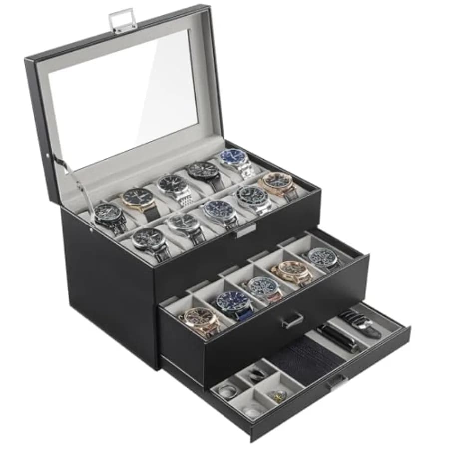Scatola Porta Orologi da Uomo a 20 Scomparti, Espositore a 3 Livelli con Coperchio in Vetro, Porta Orologi con Cassetto, Organizzatore per Gioielli e Orologi