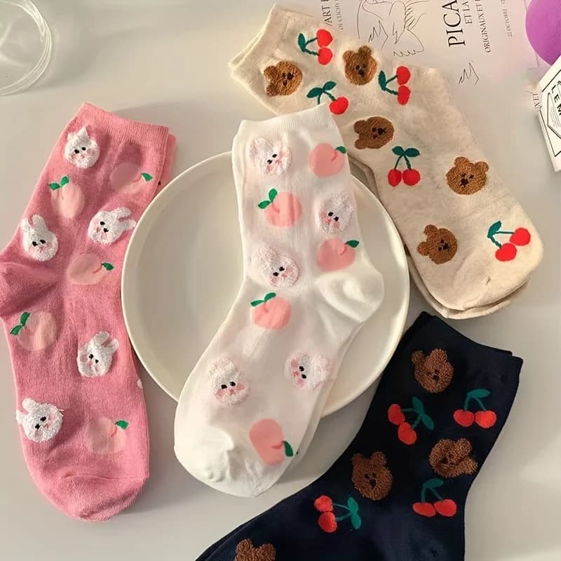 4 pairs of soft long socks for cute spring and summer cute cartoon bear student rabbit korean version socks medium tube