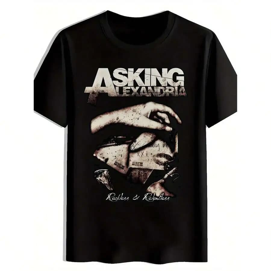 T-shirt con grafica Asking Alexandria - Maglietta estiva casual nera con logo della band, girocollo e maniche corte