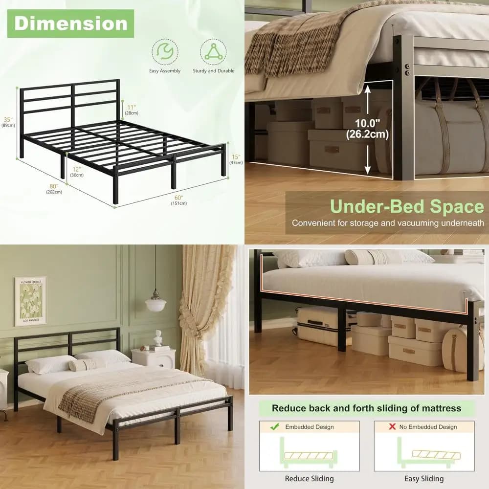 Double bed with 12 inch metal platform with container under the bed, does not require spring net, easy to mount, silent, black