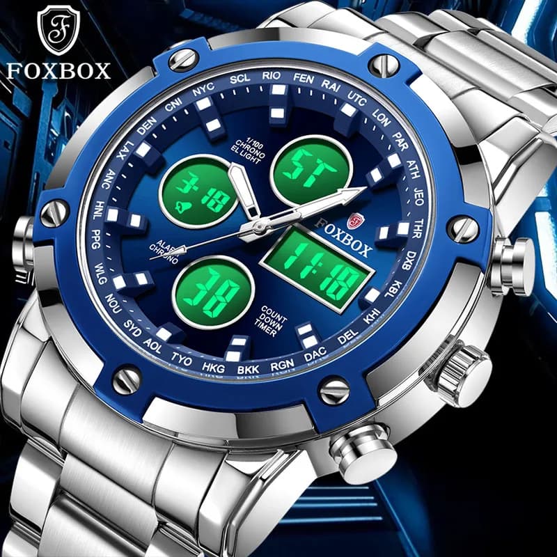 FOXBOX Nuovo Orologio da Polso Elettronico da Uomo in Acciaio Inossidabile, Orologio alla Moda con Quadrante Grande, Impermeabile con Retroilluminazione LED, Orologio al Quarzo da Uomo
