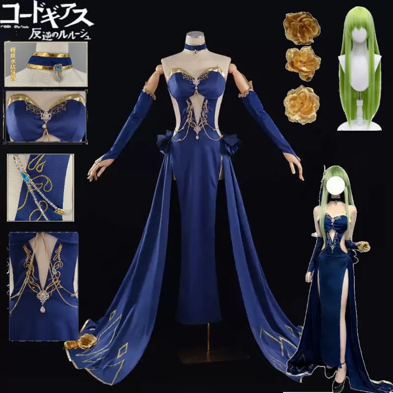 Code Geass X Mahjong Soul C.C. Chess Banquet Cosplay Set Navy Mermaid Train Dress with Gold Chess Pattern for Women Halloween