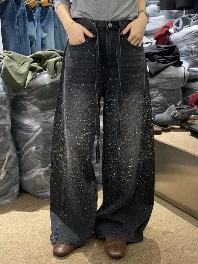 Jeans American High Street Spicy Girl with Diamond Patchwork, Larga and Comoda fit, Floor Length, Fashion Women's Jeans
