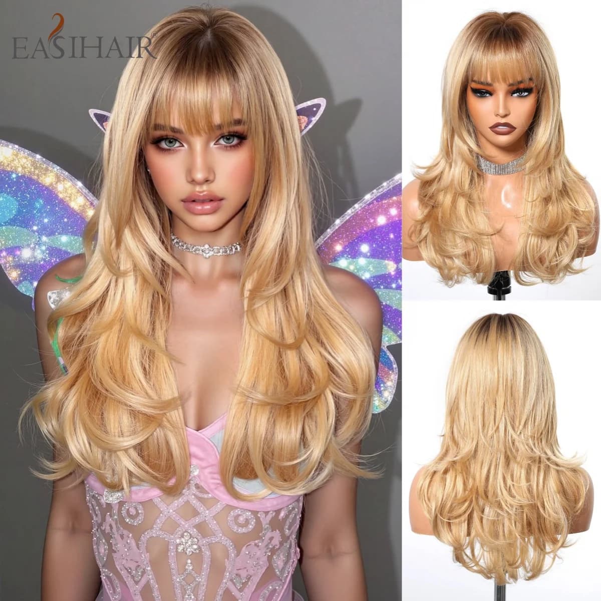 Long Wavy Light Blonde Synthetic Wig with Bangs Fluffy Heat Resistant Fairy Elf Cosplay Costume for Women Halloween Party Daily