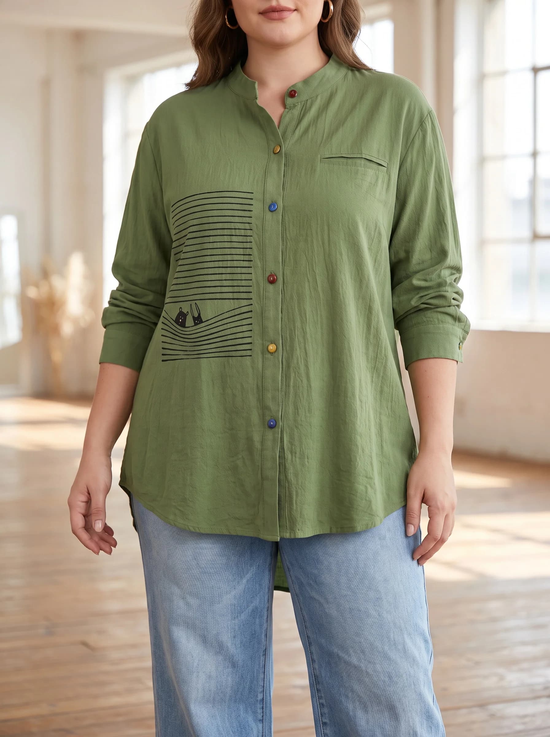 Gadinus Plus Size Women Shirt Loose Fit Stand Collar Long Sleeve Casual Blouse Color Button Design