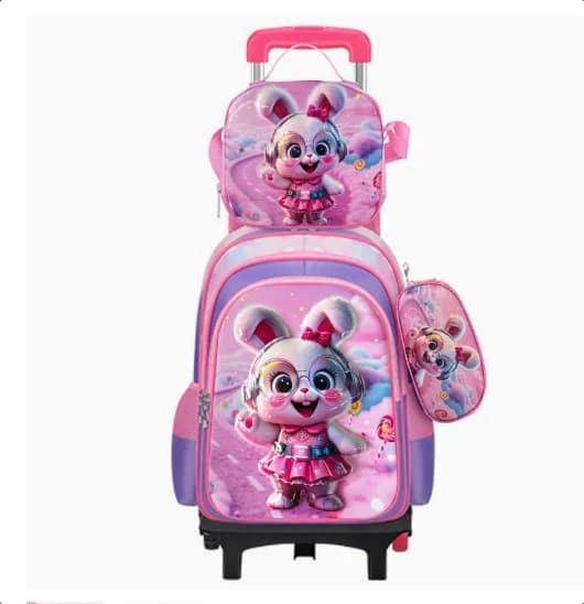 Nuovo zaino in pelle PU 3D Studente della scuola elementare Tessuto in nylon Set da 3 pezzi Zaino con ruote per bambini con borsa per il pranzo per ragazze