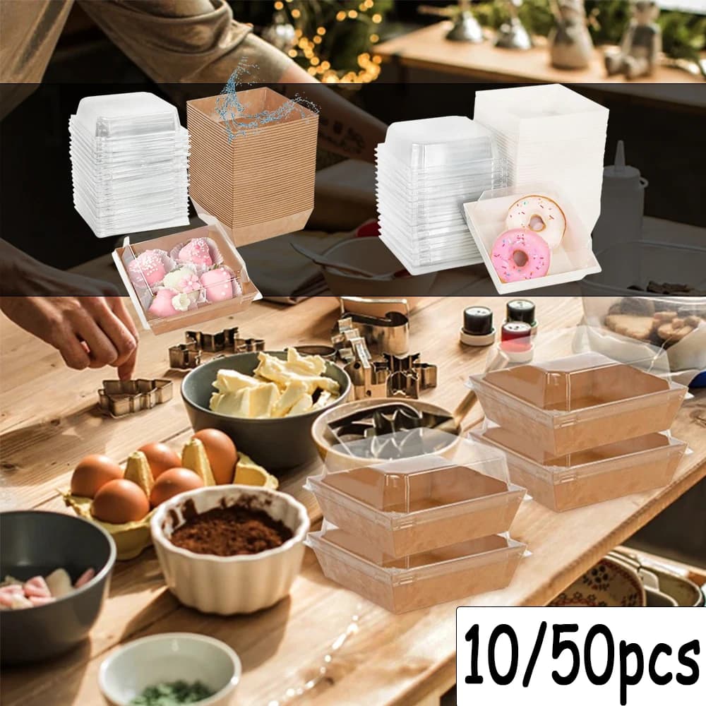 10/50PCS Set Scatole per torte con coperchi trasparenti Scatole per dessert Contenitori per alimenti Festa di compleanno Scatola per imballaggio di caramelle Scatola per salumi da forno