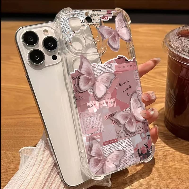 Transparent TPU Soft Case with Butterfly Pattern and Journal Printing for iPhone 11 17 13 12 14 15 16 Pro Max XS XR 8 7 Plus 16E 17E