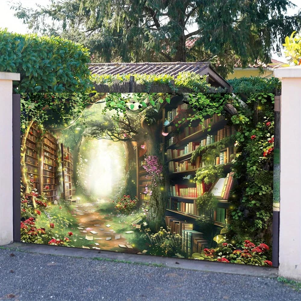 Un magico sfondo della libreria Mulan con librerie magiche, ricco verde e lucine, ecc