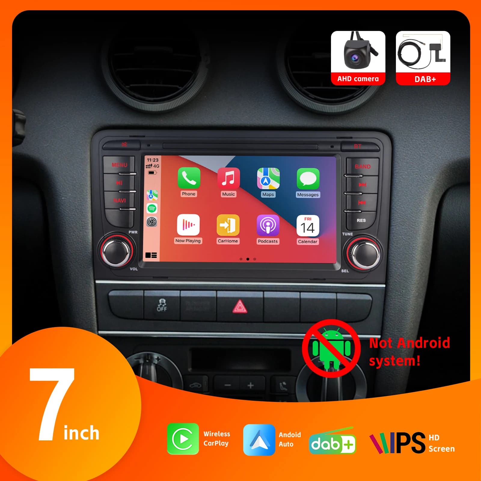 7" 2Din IPS Touch Screen Wireless Carplay Android Auto DAB+ AHD Rear View Camera Car Radio with for Audi A3 S3 RS3 2003–2012