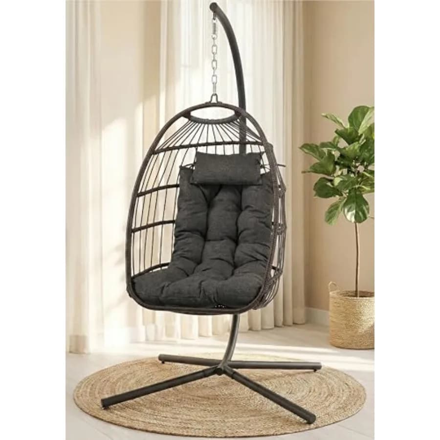 Suspended rocking chair with support - Outdoor rocking chair in wicker and rattan with powder coated steel frame, padded cushion and headrest - Ideal for relaxation