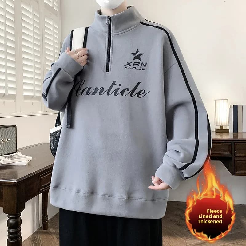 Thiened Fce Hoodie Long Sve f High Collar Men's Loose Letter Print Sweatirt Autumn Winter Youth Hong Kong Sle