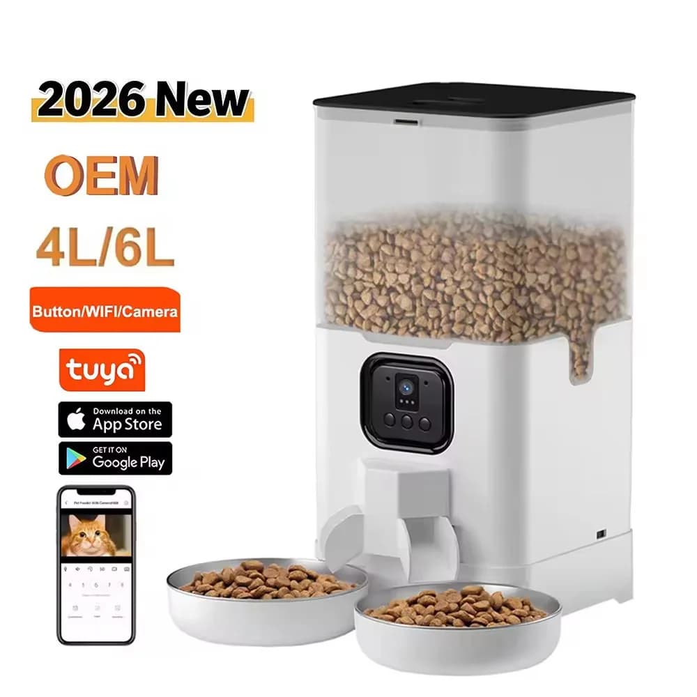 Distributore Automatico di Cibo per Gatti con Doppia Ciotola 4L/6L, Telecamera e App, Dispenser Intelligente per Animali Domestici con Ciotole in Acciaio Inox per Cibo Secco per Cani