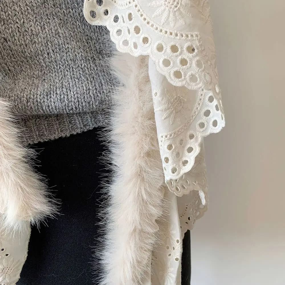 Fashion Black White Y2K Scarf Neck Warmer Hot Girl Hottie Lace&Hairy Scarf Neck Warmer Autumn Winter Spring