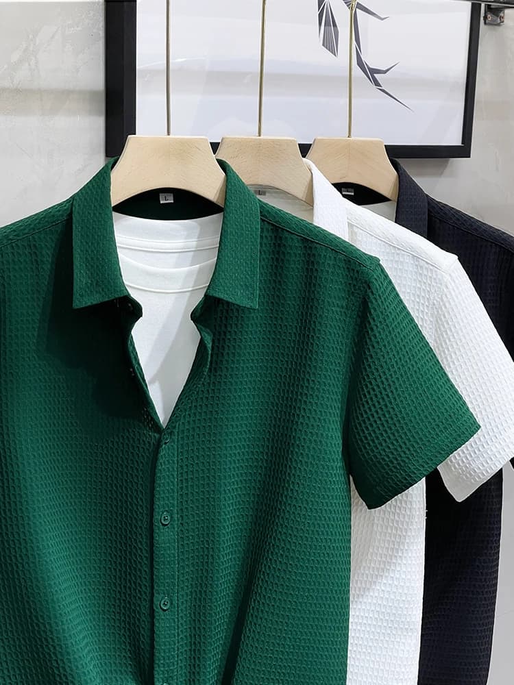 Camicia casual testurizzata a maniche corte da uomo, estiva, semi-ufficiale, alla moda, stile urbano giovanile, con colletto quadrato