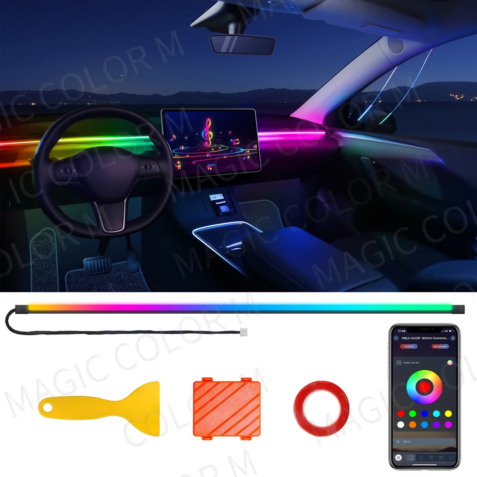 78 pollici 200cm 150cm LED auto luce ambientale cruscotto anteriore parabrezza 64 colori RGB Symphony interni atmosfera lampada controllo App