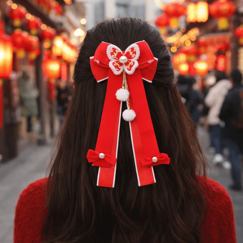 Vacanza Fiocco rosso Nastro Fermaglio per capelli Nastro Nappa Capodanno Forcina Pompon Hanfu Ornamento per capelli Ragazze