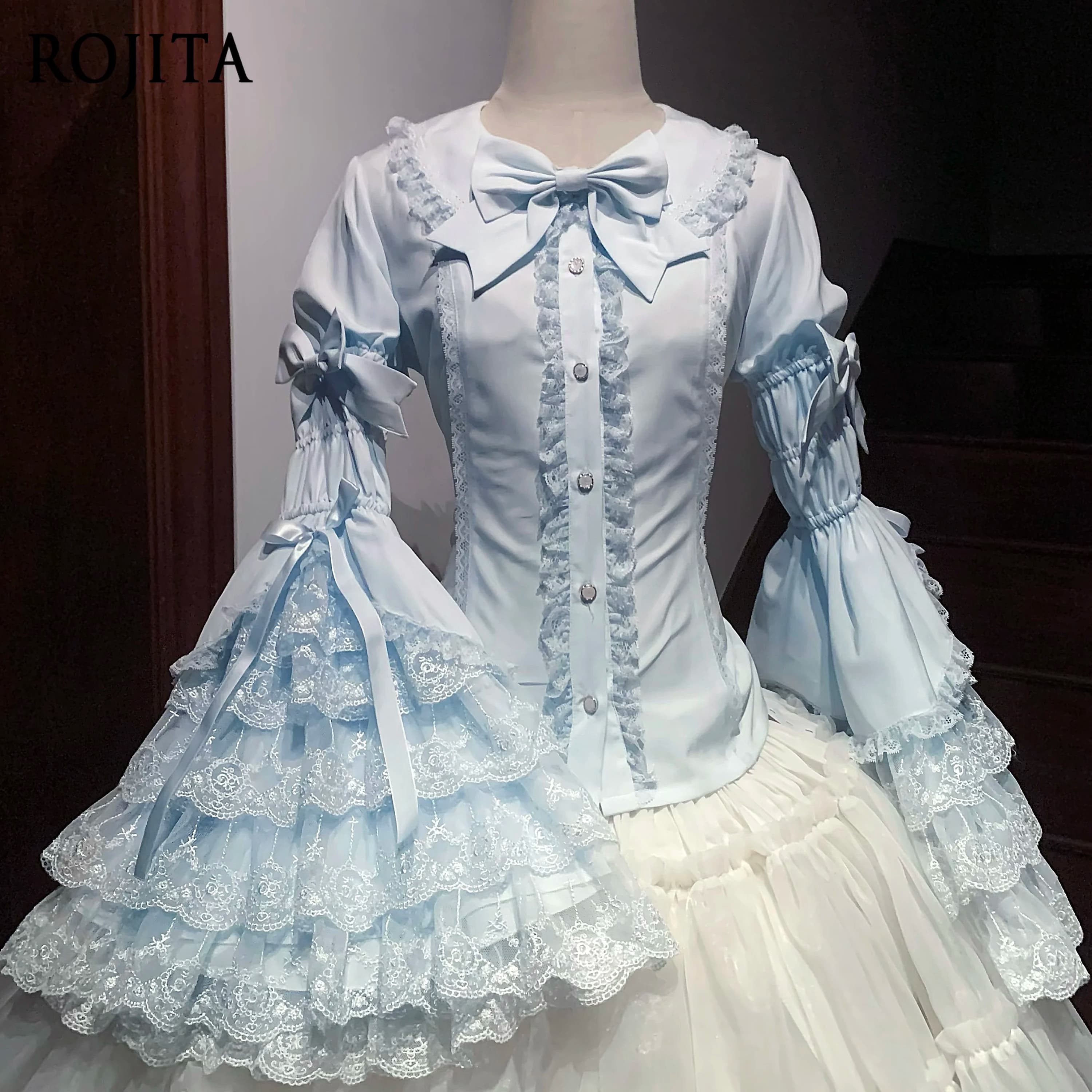 Top a maniche lunghe Camicie tinta unita a maniche lunghe primavera autunno con colletto per bambola menta e camicetta monopetto con fiocco per donna
