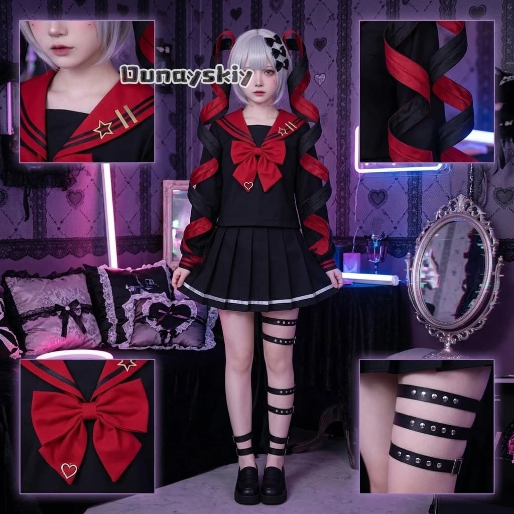 LWW09*Yandere K Angel RAIN Black JK Costume Cosplay con Parrucca, Gonna Uniforme Scolastica per Ragazza Necessitosa, Set Halloween Overdose Jirai Kei