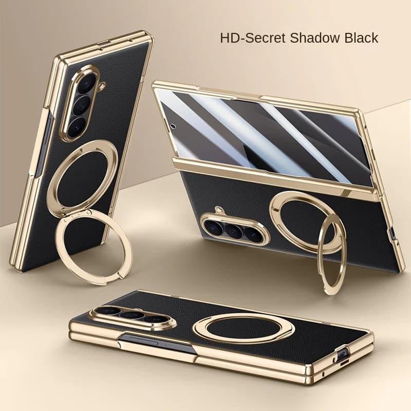 For Samsung Galaxy Z Fold 7 Case Luxury PU Leather Ring Stand Magnetic wireless charging Protect Back Cover For Z Fold7 Shell