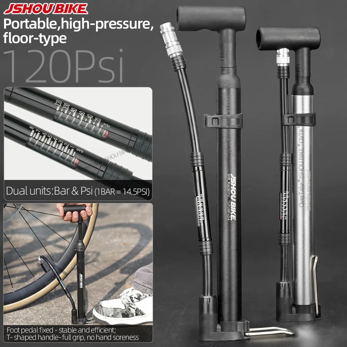 JSHOUBIKE Pompa di Aria Portatile MTB Bici Da Strada Gonfiatore per Pneumatici con Calibro Leggero Schrader Presta Valore 120Psi Accessori Bici