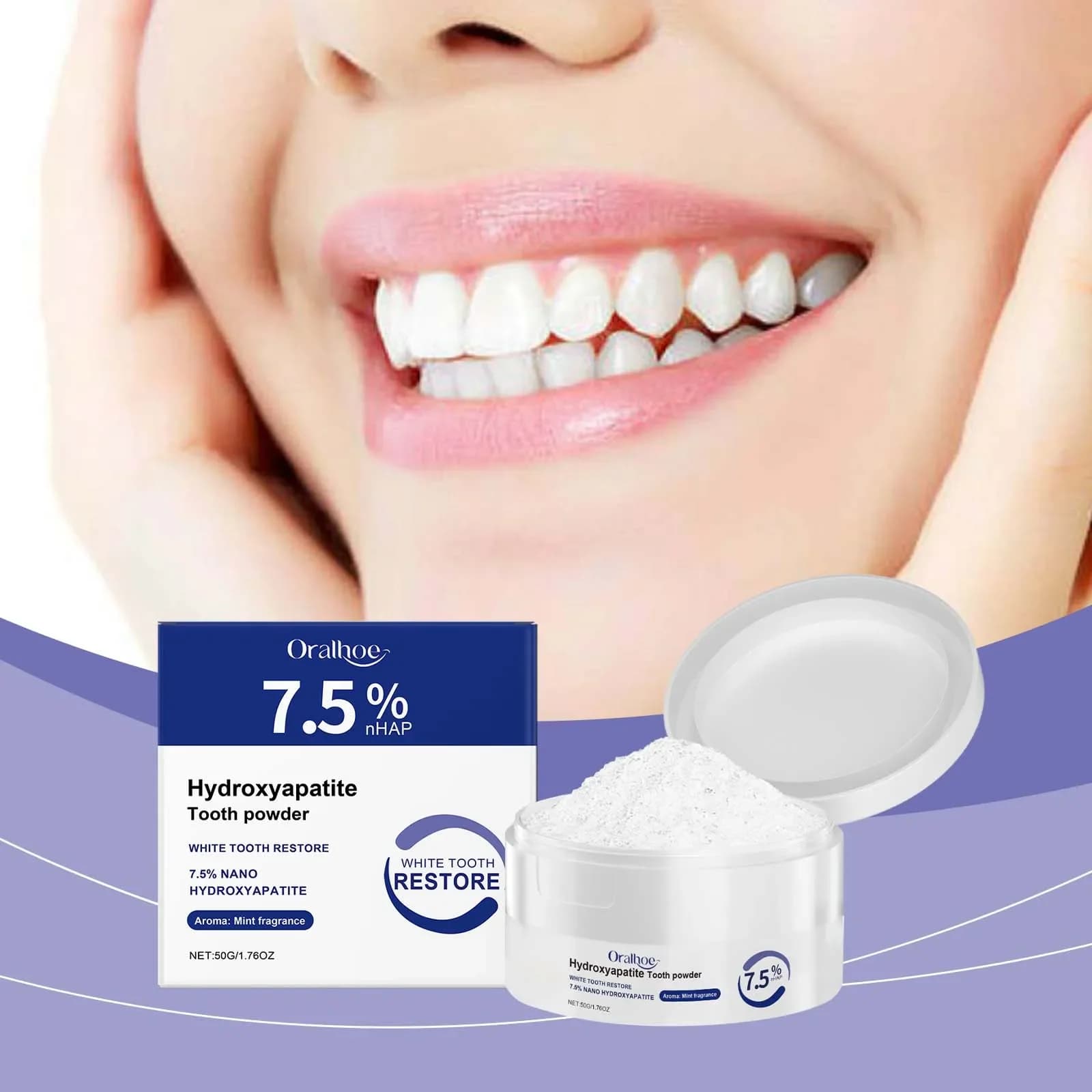Deep stain removal, yellow tooth cleaning, natural whitening, fresh breath, mint flavor, unisex teeth whitening powder