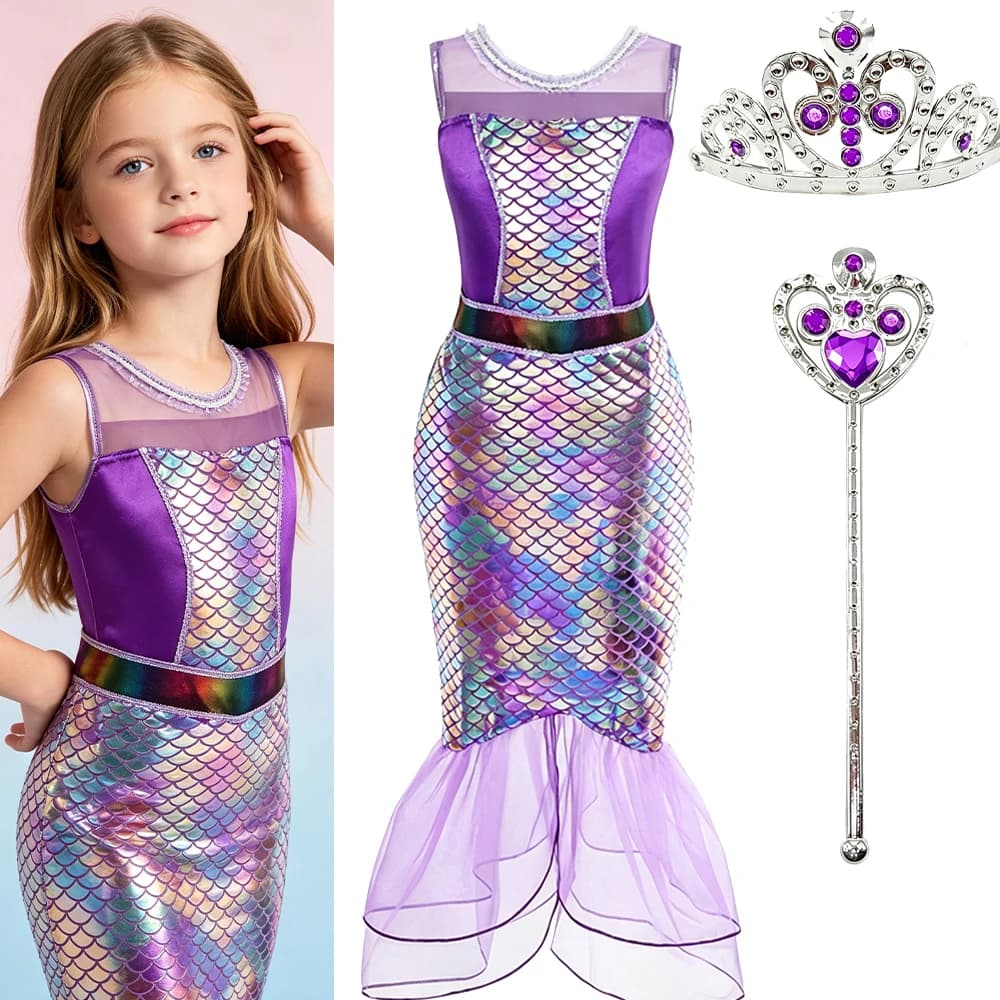 Girls Mermaid Ocean Princess Fancy Dress Costume Set With Wand Crown Necklace Hair Ring Halloween Carnival Birthday Party Gift