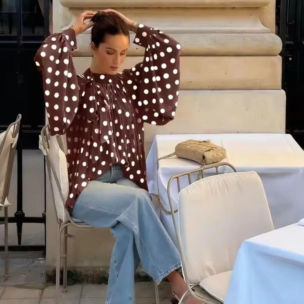 Camicetta semplice in chiffon con maniche a lanterna, fantasia a pois, a maniche lunghe plissettate, con lacci, traspirante e confortevole, per il lavoro e le uscite.