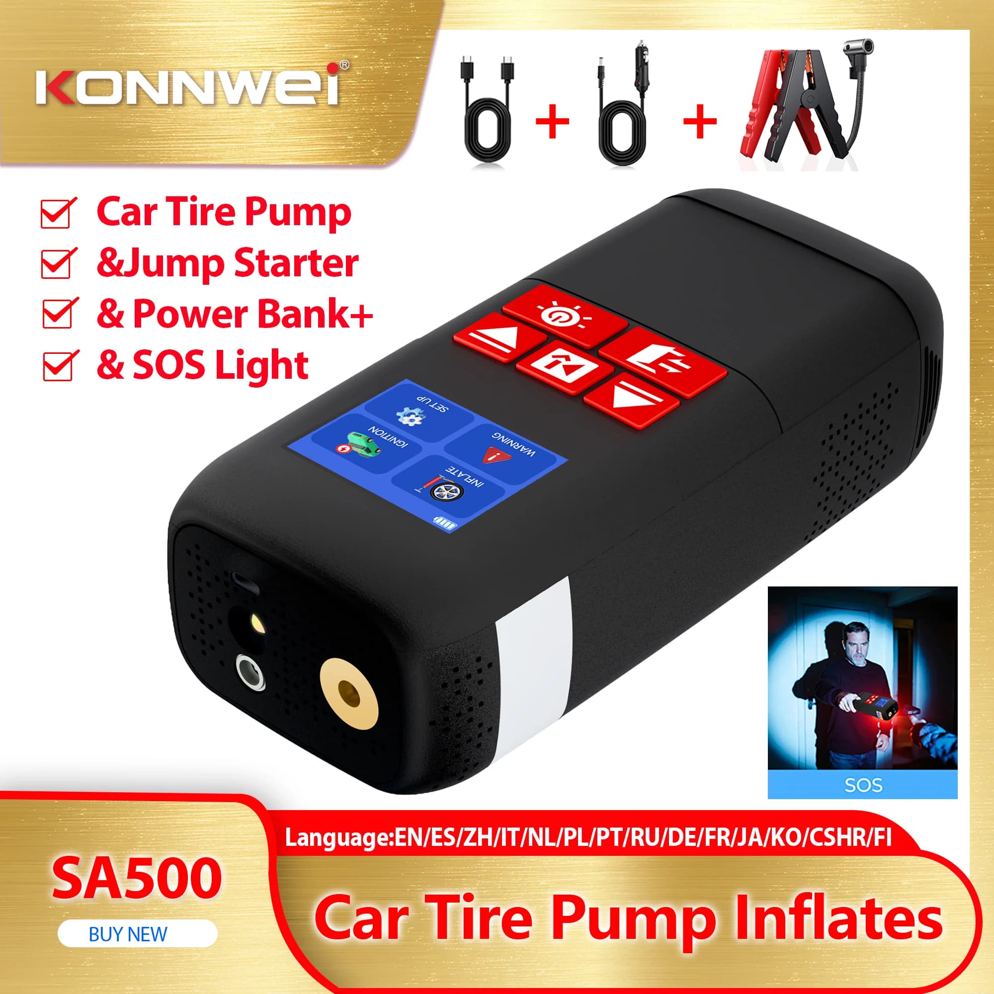 KONNWEI SA500 2026 4 in 1: Compressore d'Aria Professionale per Auto, Power Bank, Luce SOS Portatile, Avviatore d'Emergenza 12V, Kit Attrezzi Auto