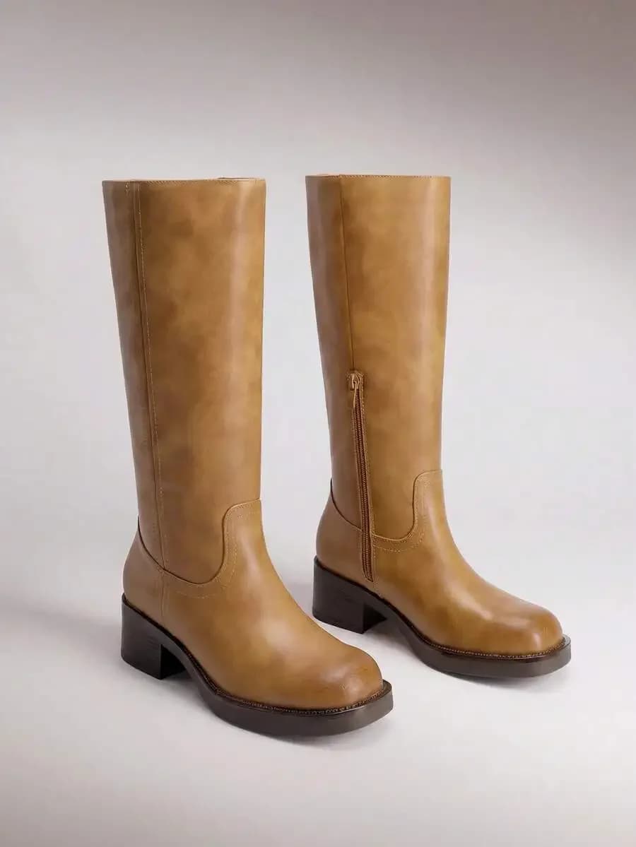 Women Square Toe Chunky Block Heel Knee High Boots Casual Side Zipper Riding Boots