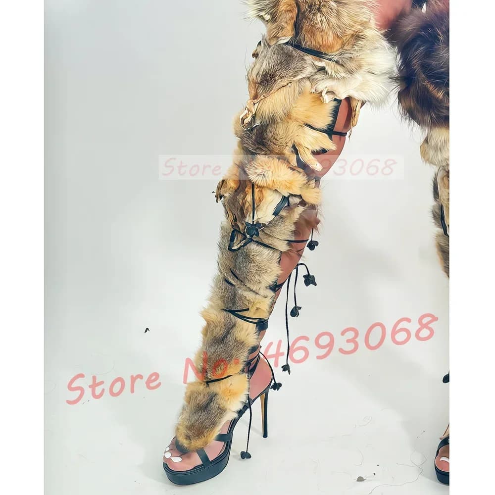 Women's Genuine Fur Cross Platform Sandals Sandals with High Heel Luxury Hairy with Open Tip Women's Long Shoes Sexy Colorful Puttee Sandals