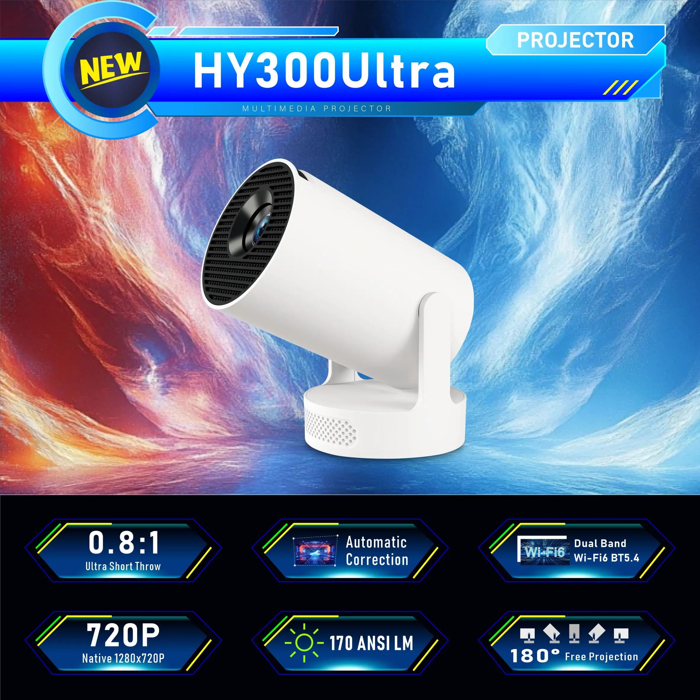 Proiettore Ultra HY300 con Altoparlante Integrato da 5W, 1280*720P, Allwinner H713 Quad Core, Wifi6, BT5.4, Android 11, Proiettore Smart Portatile