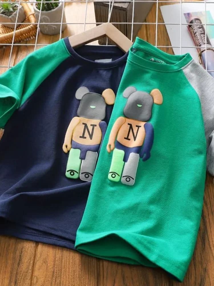 Pure Cotton Short Sleeve T-Shirt for Boys 2023 Summer New Style Middle Large Children Bear Pattern Half Sleeve Korean Version