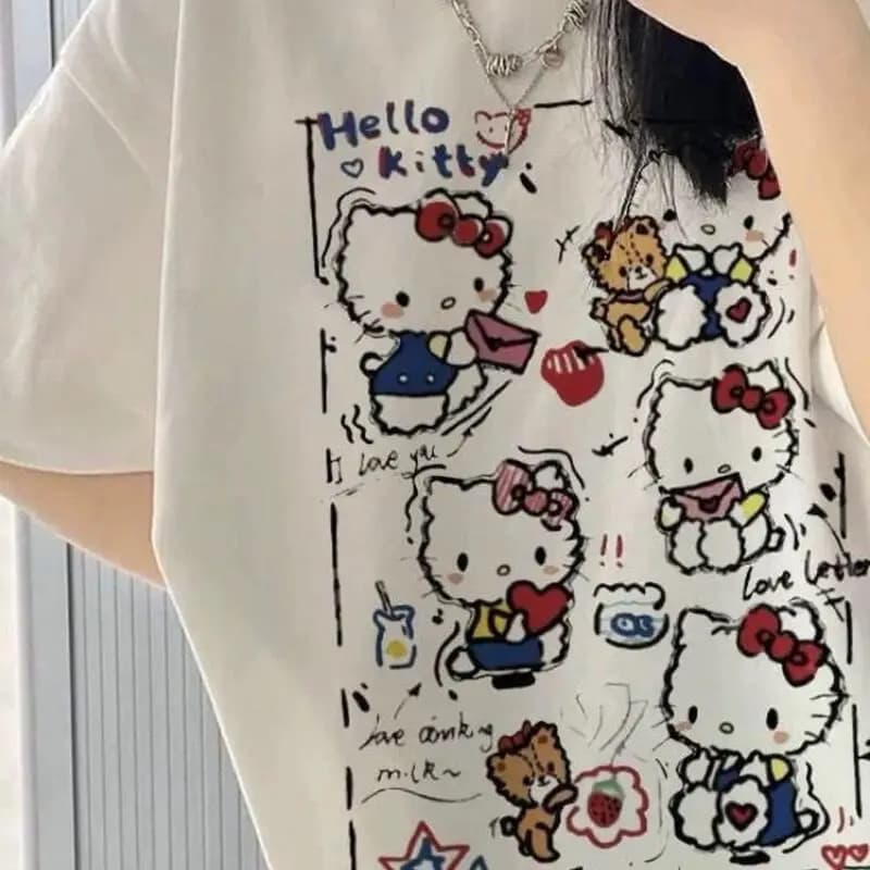 Short-Sleeved Summer Hello Kitty Graffiti Printed T-Shirt for Women Cotton Y2K Cute Cartoon Pattern Popular Street Fashion Ins