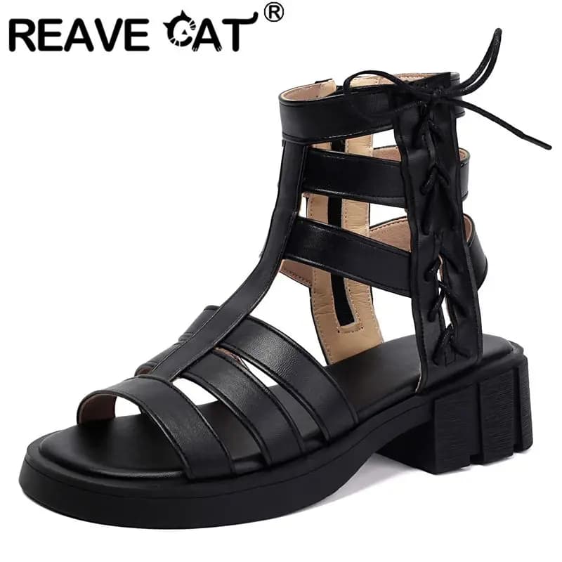 REAVE CAT New Design 2025 Roma Style Female Sandals Thick Heels 4cm Zipper Lace Up Plus Size 44 45 46 Leisure Daily Women Shoes