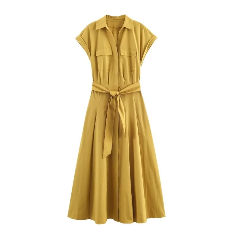 Autunno Collarless Short Sleeve Long Dress Midi Woman Decoration with Belt Dress Style Shirt in Popeline Casual Clothing Women 2025