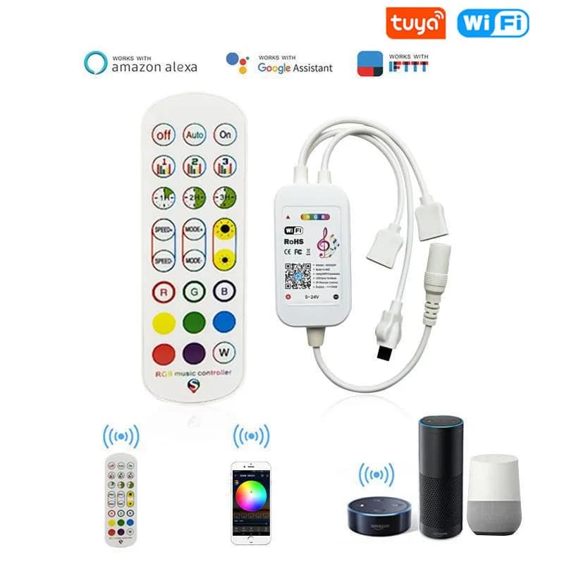 Tuya WiFi Smart LED Controller 4Pin RGB LED Strip Light Musica RGB Controller 5-24V 24 tasti Controllo vocale remoto APP Funziona con Alexa