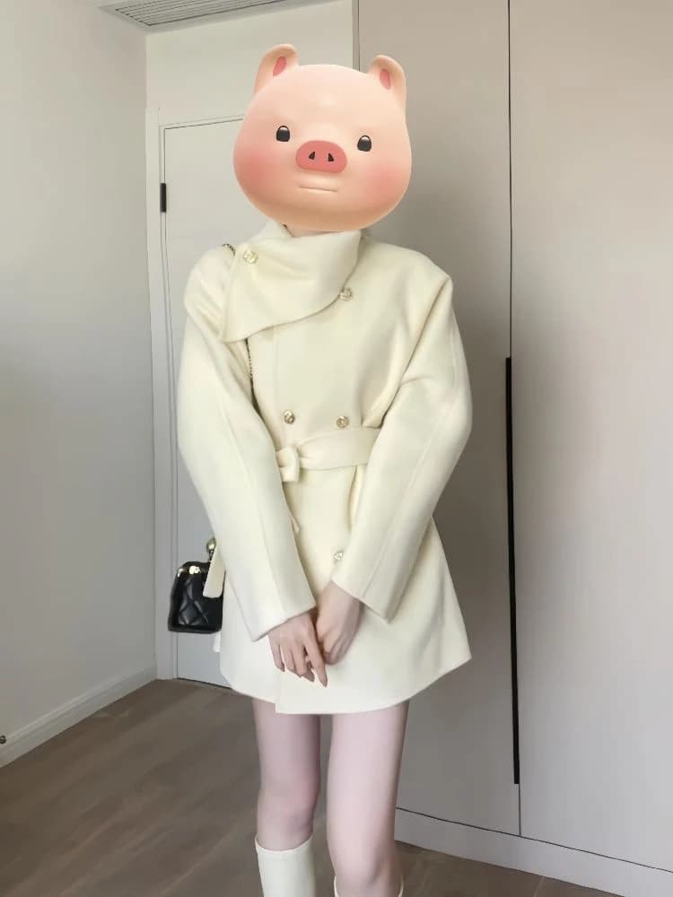 Cappotto in Lana Imbottito da Donna, Design Invernale con Sciarpa Integrata, Chiusura a Bottoni, Maniche Lunghe, Lunghezza Media, Monopetto